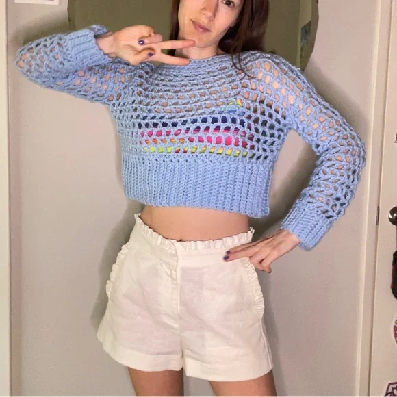 Sold 9/4/24 live Baby Blue Hand Crochet Cropped Sweater Top - Picture 5 of 7
